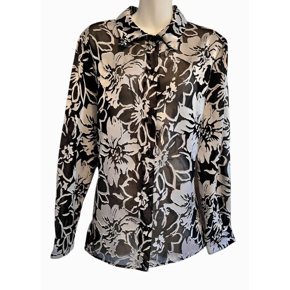 Drapers & Damons Blouse Long Sleeve Sheer Velvet Burn Out Mesh Black Gray XL